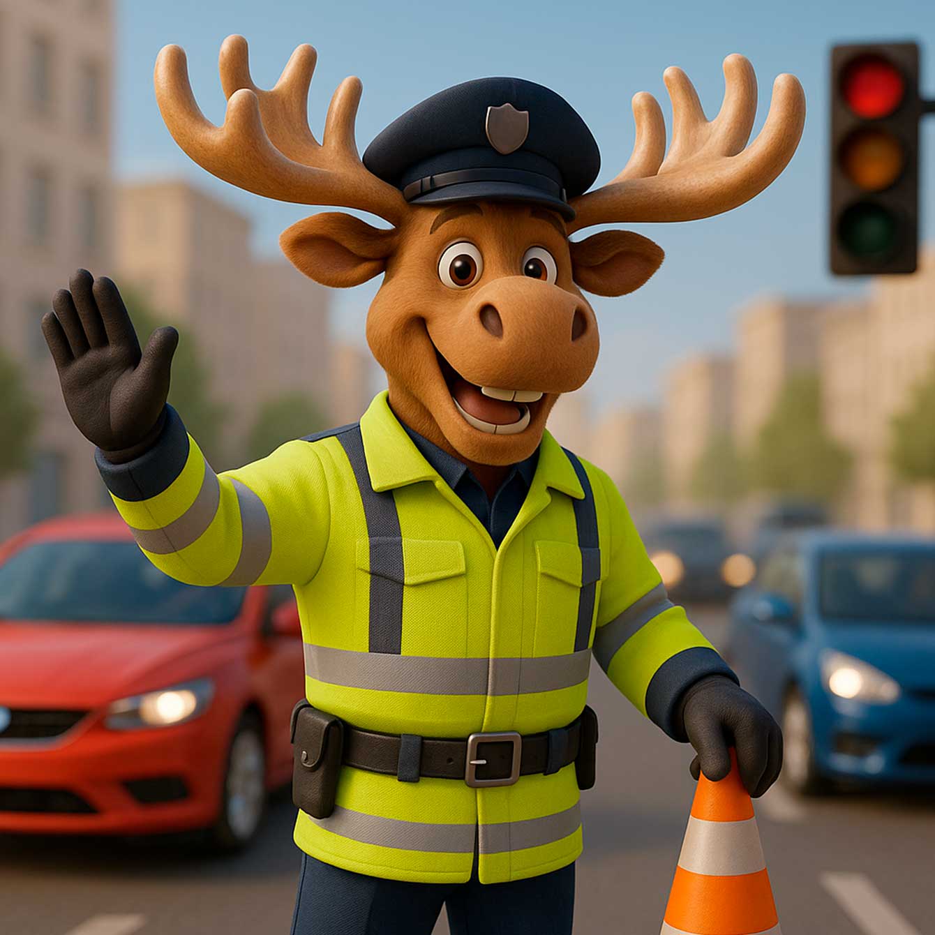 Atento, calmo e responsável, o alce representa consciência e segurança nas vias. Um guardião simpático que convida motoristas e pedestres a respeitarem as regras e cuidarem uns dos outros no trânsito.